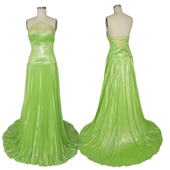 Vtg Size S-M Metallic Green Pleated Corset Bodice Floor Length Prom Gown Dress - Picture 1 of 6